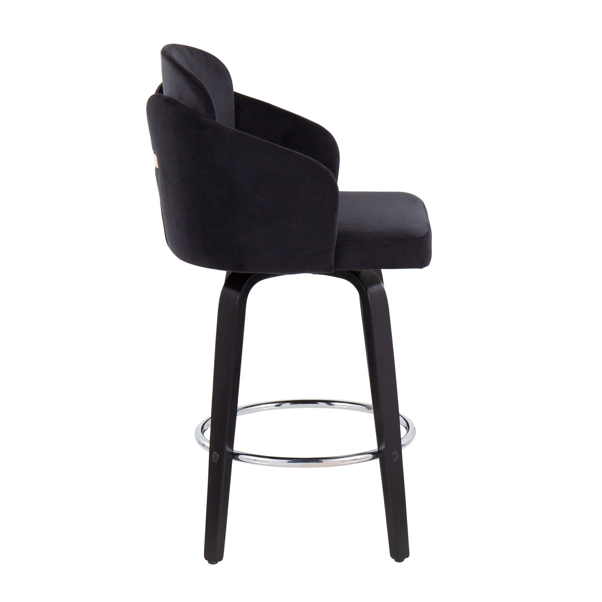 The Dahlia Contemporary Counter Stool set features a modern black design with a curved upholstered backrest, cushioned seat, four angled wooden legs, and a round chrome footrest—shown from the side on a white background.