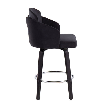 The Dahlia Contemporary Counter Stool set features a modern black design with a curved upholstered backrest, cushioned seat, four angled wooden legs, and a round chrome footrest—shown from the side on a white background.