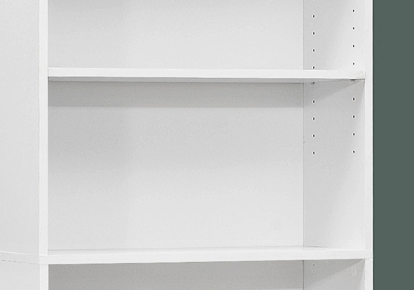 A close-up of the 6 Tier Bookshelf Bookcase for Office, featuring adjustable shelves with multiple holes on the side panels for height options, shown empty against a green wall. Transitional design.