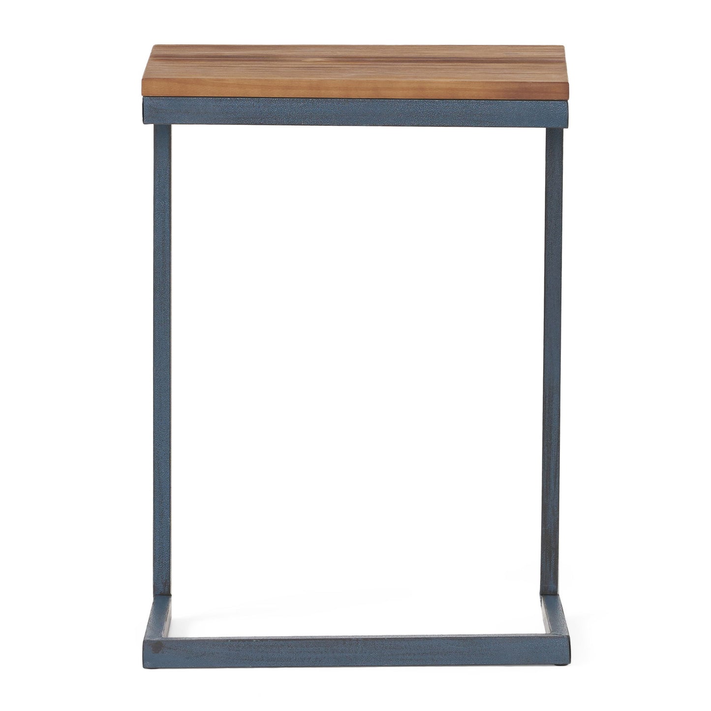 The C Shaped End Table features a rectangular fir wood top and a minimalist iron base in a dark finish, forming an open C-shape design.