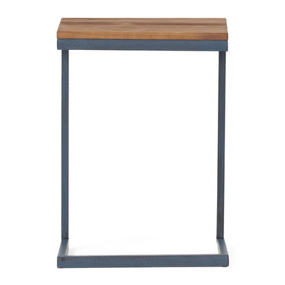 The C Shaped End Table features a rectangular fir wood top and a minimalist iron base in a dark finish, forming an open C-shape design.