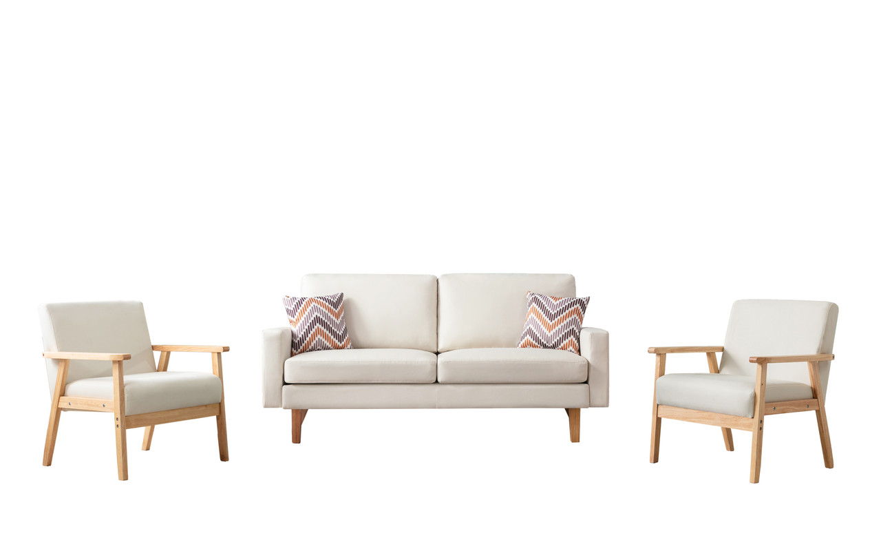 The Bahamas Sofa Set includes a modern beige sofa, two matching beige armchairs with wooden frames, and two chevron-patterned throw pillows, all displayed against a white background.
