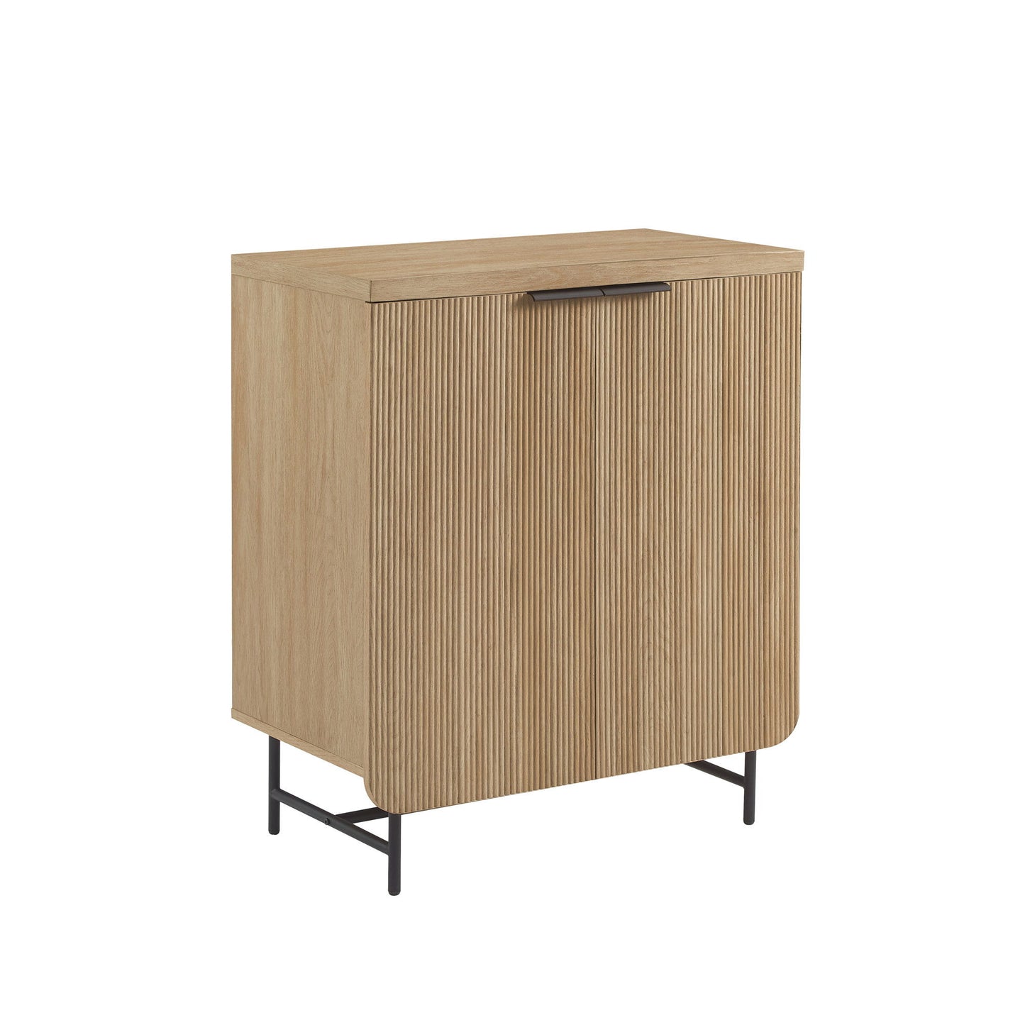 The Couch.com Modern Scandi Fluted Door Storage Console features a light brown coastal oak finish, fluted (vertical grooves) door, flat top, single handle, curved bottom corner, black metal legs, and a durable minimalist design.