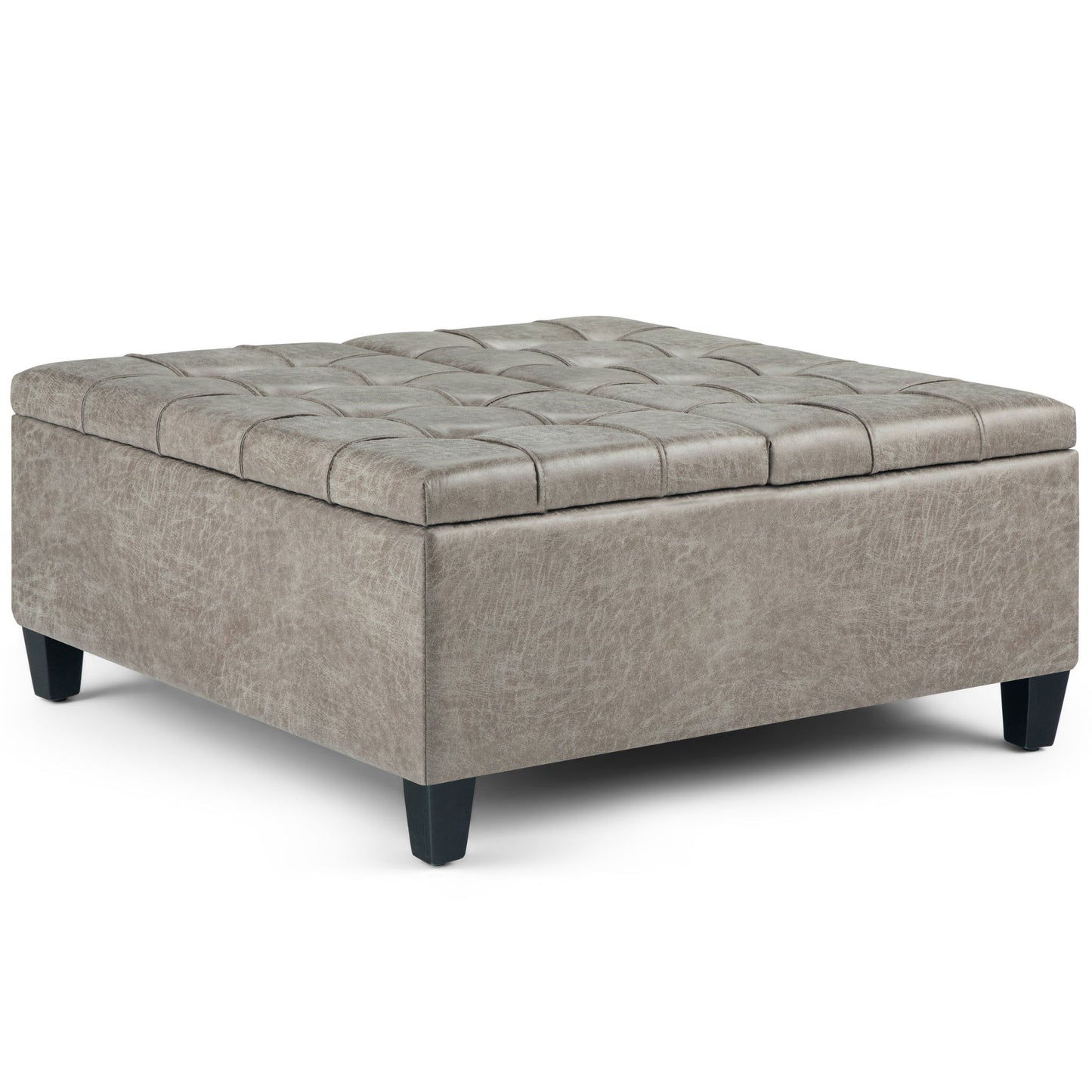 The Harrison Upholstered Coffee Table Storage Ottoman features a square, tufted design in light gray with dark wooden legs and a cushioned top, shown against a white background.