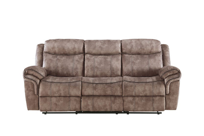 The Zubaida Two Tone Velvet Recliner Sofa features plush cushioned backrests and armrests, seats three, includes a USB port drop-down table, and is upholstered in soft velvet—shown here against a plain white background.