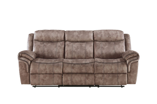 The Zubaida Two Tone Velvet Recliner Sofa features plush cushioned backrests and armrests, seats three, includes a USB port drop-down table, and is upholstered in soft velvet—shown here against a plain white background.