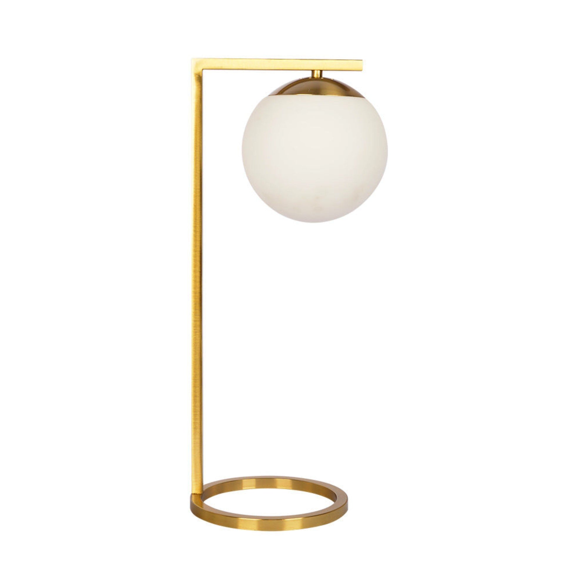 The Globe - Table Lamp Opal With Dimmer Switch Inline in Gold/White features a modern gold metal frame with vertical and horizontal elements and a round white globe lampshade suspended from the top.