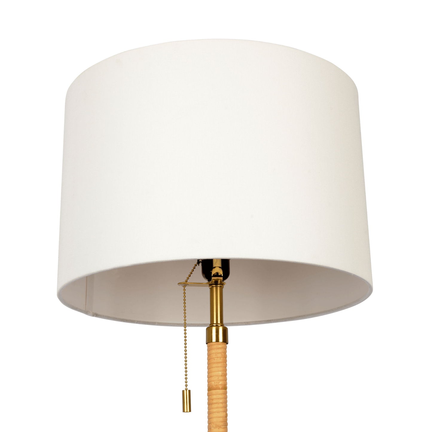 The Stellar Linen Shade Floor Lamp features a large white cylindrical shade, gold accents, a pull chain switch, and a natural wood and rattan-wrapped stem.