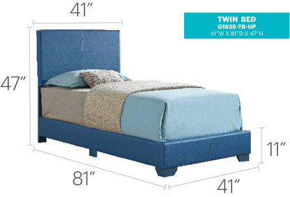 The Elegant Platform Bed For Relaxed Spaces is a blue upholstered twin bed with a high 47" headboard, 11" base, and dimensions of 41"W x 81"D. Shown with bedding and pillows. Model: G1835-TB-UP.