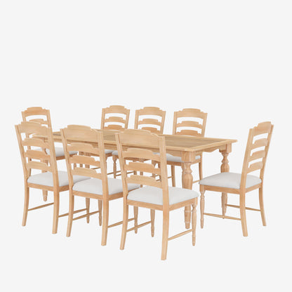 The Topmax Vintage Traditional Extendable Dining Table Set with Removable Leaf features a rectangular wooden table with carved legs and eight matching chairs with white cushioned seats, all displayed against a plain white background.