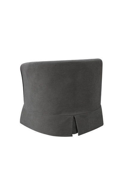 The Tucker Woven Fabric Swivel Barrel Chair, shown from the back, features modern dark gray upholstery with a smooth finish and a small center slit at the bottom of its skirted base.