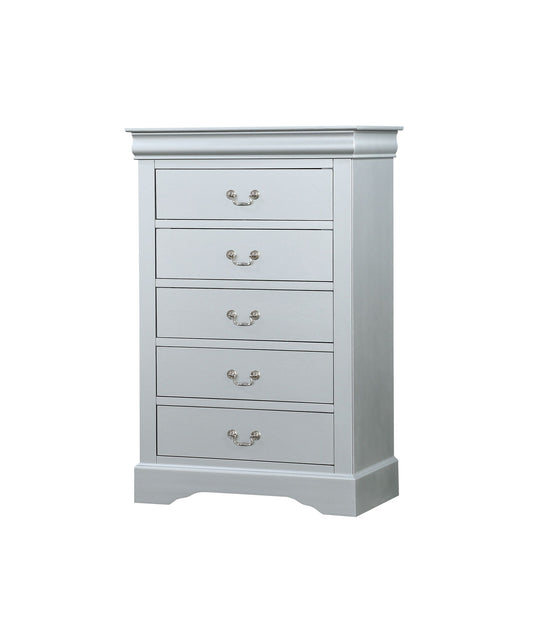 The Louis Philippe Accent Chest is a tall, light gray wooden dresser with five drawers, each adorned with two ornate silver handles, displayed against a plain white background.