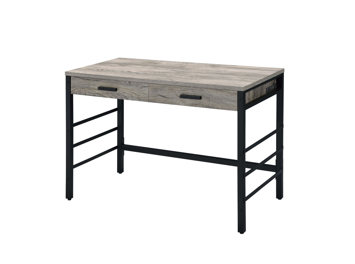 The Disho - Weathered Writing Desk With USB - Oak features a rectangular oak-finished top, two front drawers with black handles, and a black metal frame with open sides and crossbars for support.