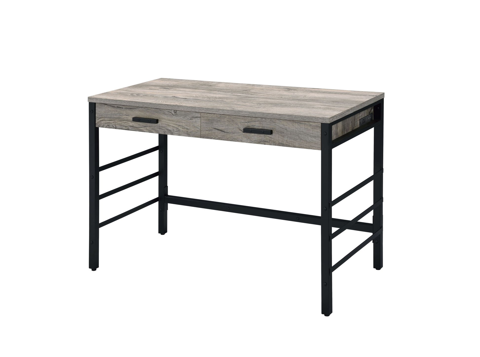 The Disho - Weathered Writing Desk With USB - Oak features a rectangular oak-finished top, two front drawers with black handles, and a black metal frame with open sides and crossbars for support.
