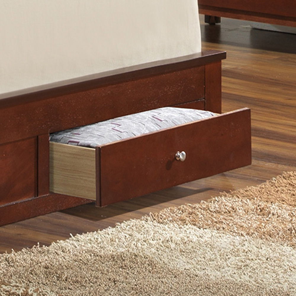 The Stylish Storage Bed For Modern Spaces features a built-in storage drawer, shown partially open with folded bedding inside. It's placed beside a beige and brown textured rug on a wooden floor.