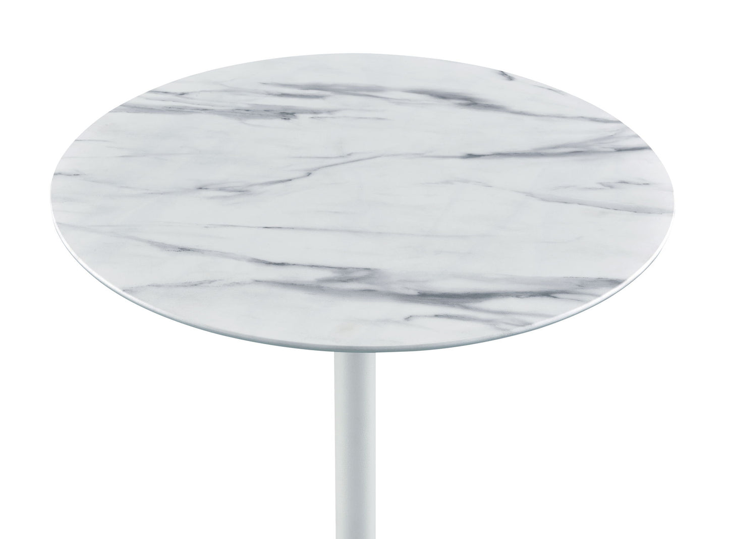 The Orbit 15.5" End Table features a height-adjustable, white top with a gray marble texture and stands on a slim white leg against a plain white background.
