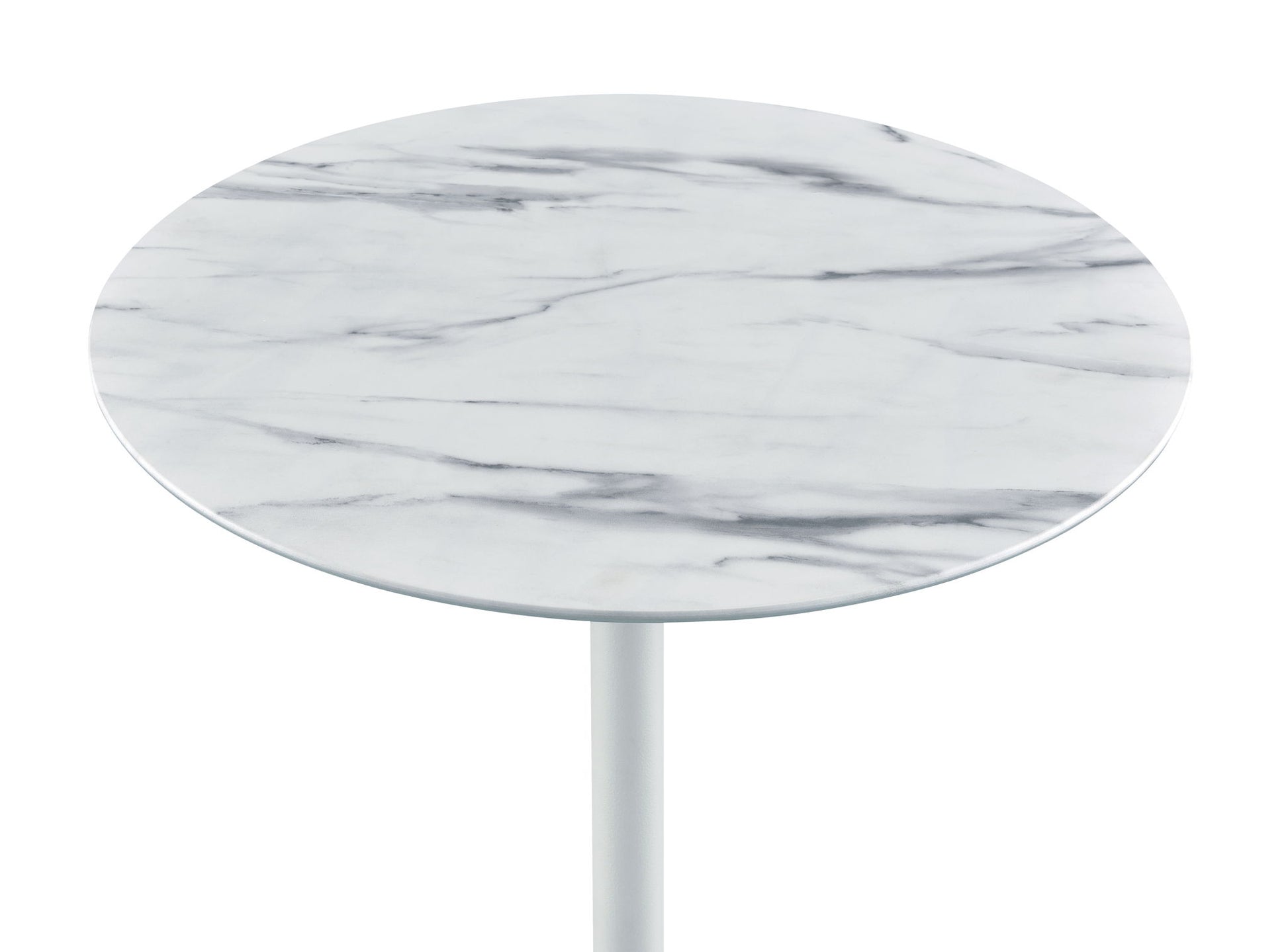 The Orbit 15.5" End Table features a height-adjustable, white top with a gray marble texture and stands on a slim white leg against a plain white background.