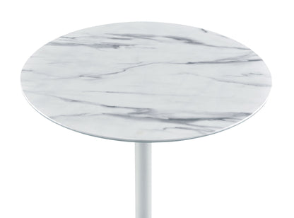 The Orbit 15.5" End Table features a height-adjustable, white top with a gray marble texture and stands on a slim white leg against a plain white background.