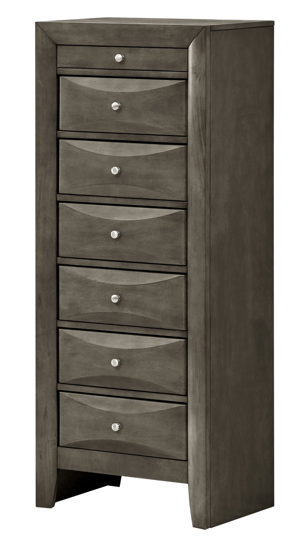 The Marilla - 7 Drawer Lingerie Chest is a tall, gray wooden dresser with seven drawers, each adorned with a round silver knob and subtle wave-patterned fronts, shown standing against a white background.