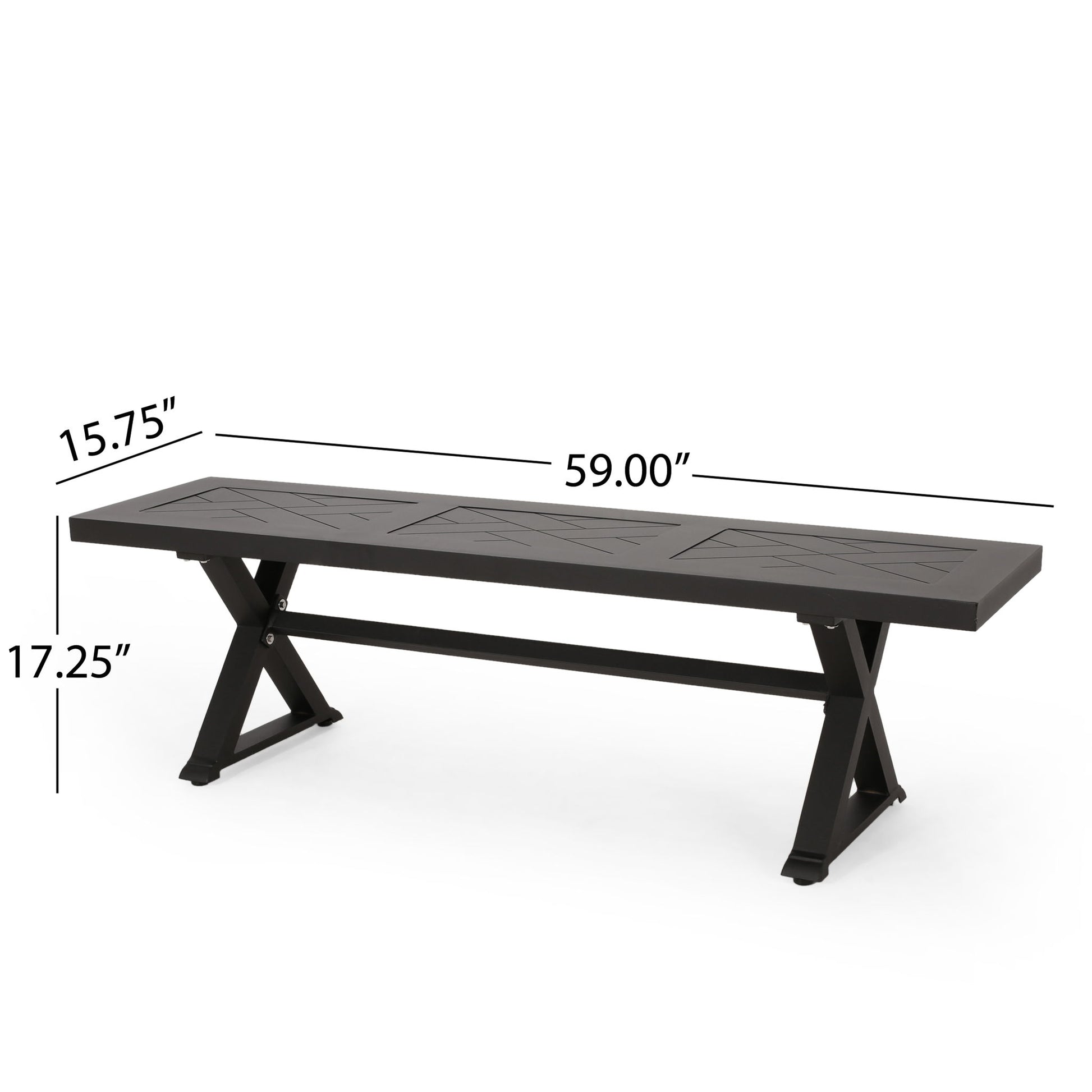 The Modern Aluminum Outdoor Dining Bench With X Base features a black rectangular design, geometric patterned surface, X-shaped legs, and measures 59"L x 15.75"D x 17.25"H.