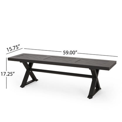 The Modern Aluminum Outdoor Dining Bench With X Base features a black rectangular design, geometric patterned surface, X-shaped legs, and measures 59"L x 15.75"D x 17.25"H.