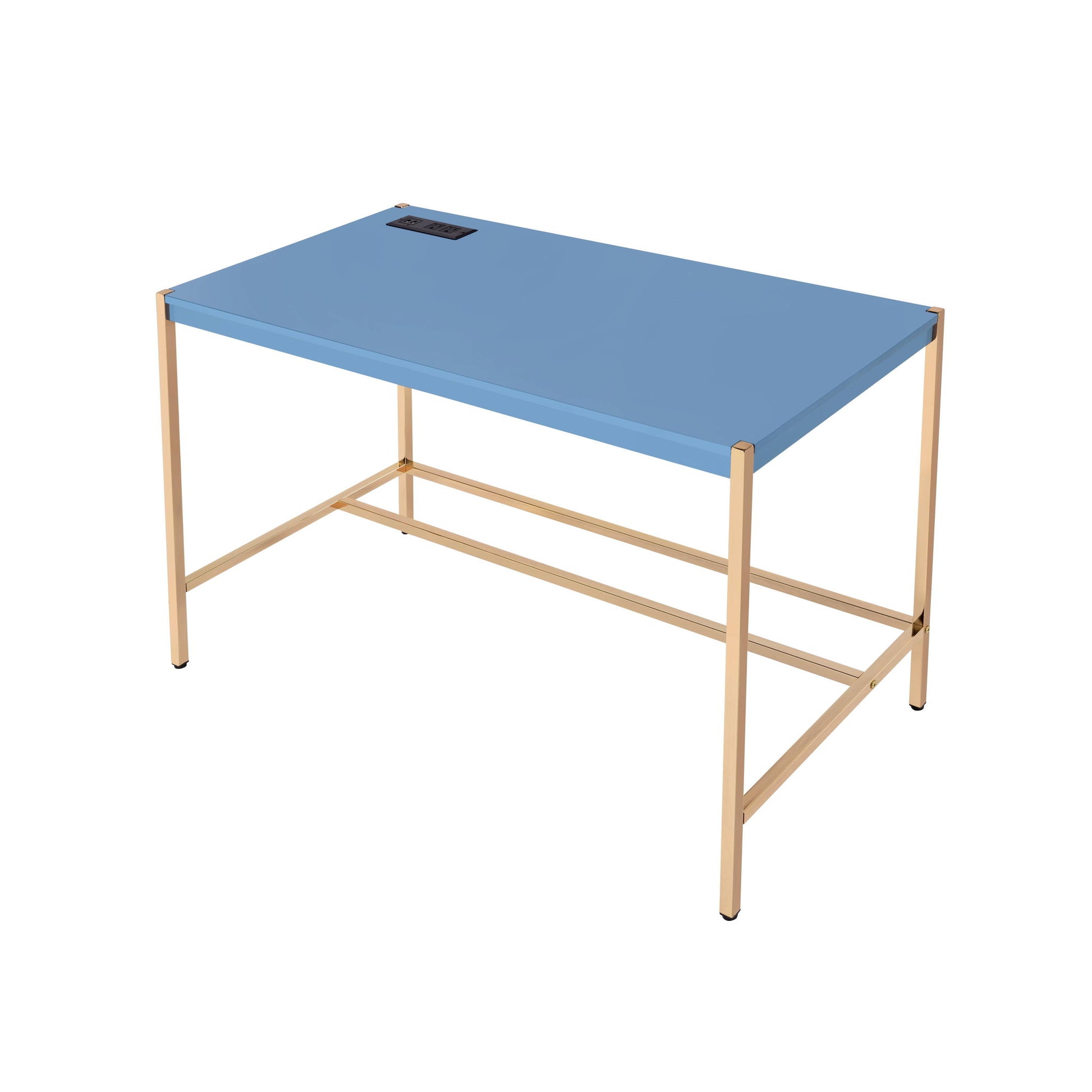 The Midriaks Writing Desk With USB features a light blue rectangular tabletop, gold metal legs, and a built-in black power outlet on the surface.