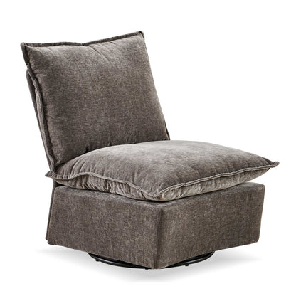 The Detachable Chenille Single 360 Swivel Rocking Rocker is a modern, armless lounge chair in gray fabric, featuring plush overstuffed cushions and a low-profile rounded swivel base—perfect comfortable seating for living rooms or bedrooms.
