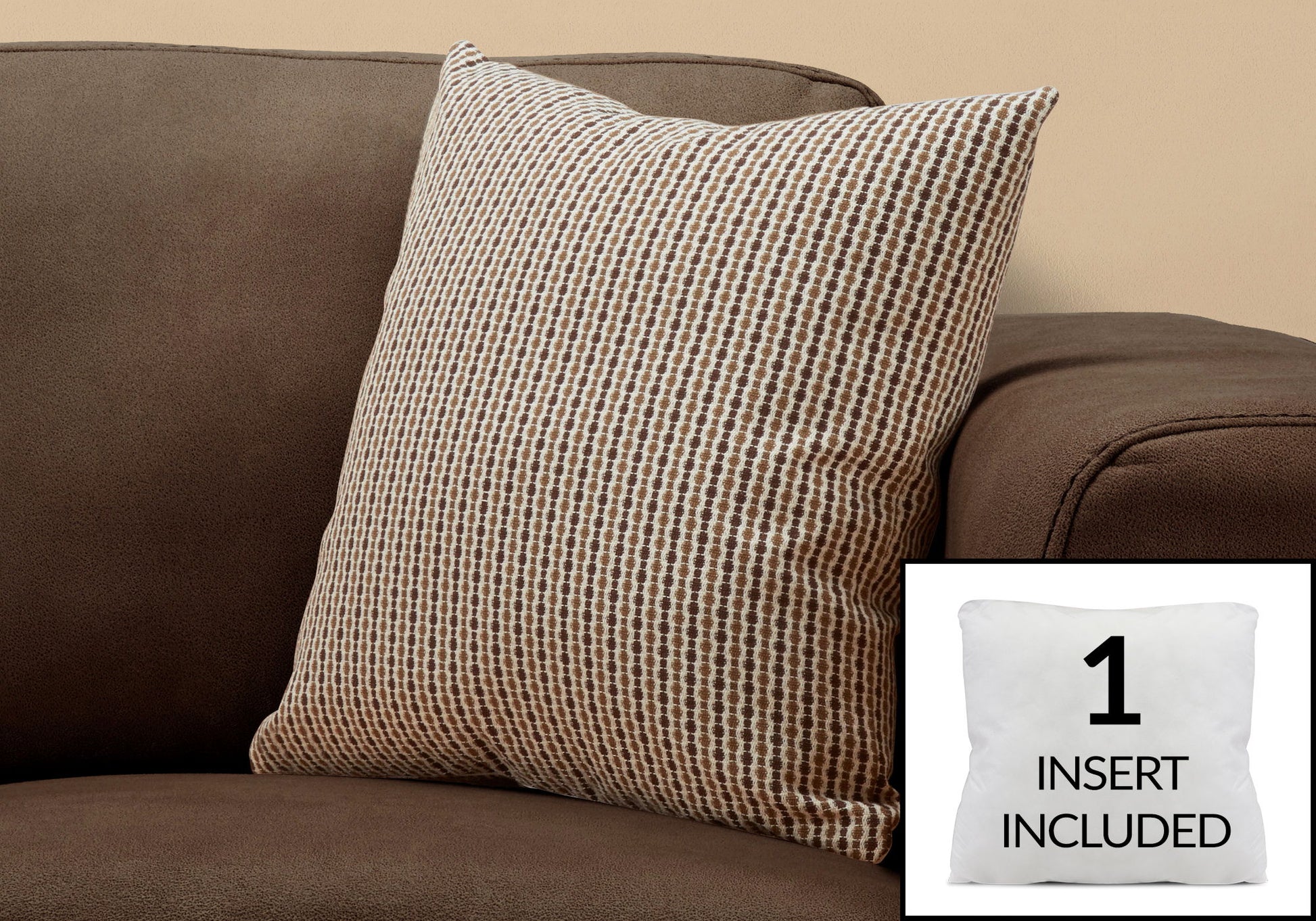 A decorative square throw pillow in brown and beige rests on a dark brown sofa. Inset shows its hypoallergenic white insert with the text "1 INSERT INCLUDED.