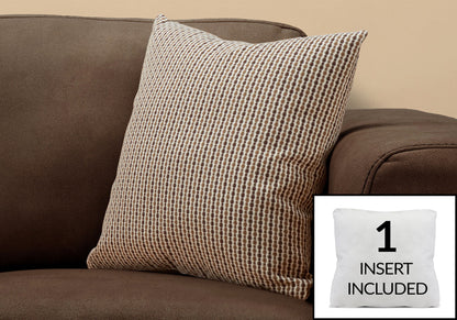 A decorative square throw pillow in brown and beige rests on a dark brown sofa. Inset shows its hypoallergenic white insert with the text "1 INSERT INCLUDED.