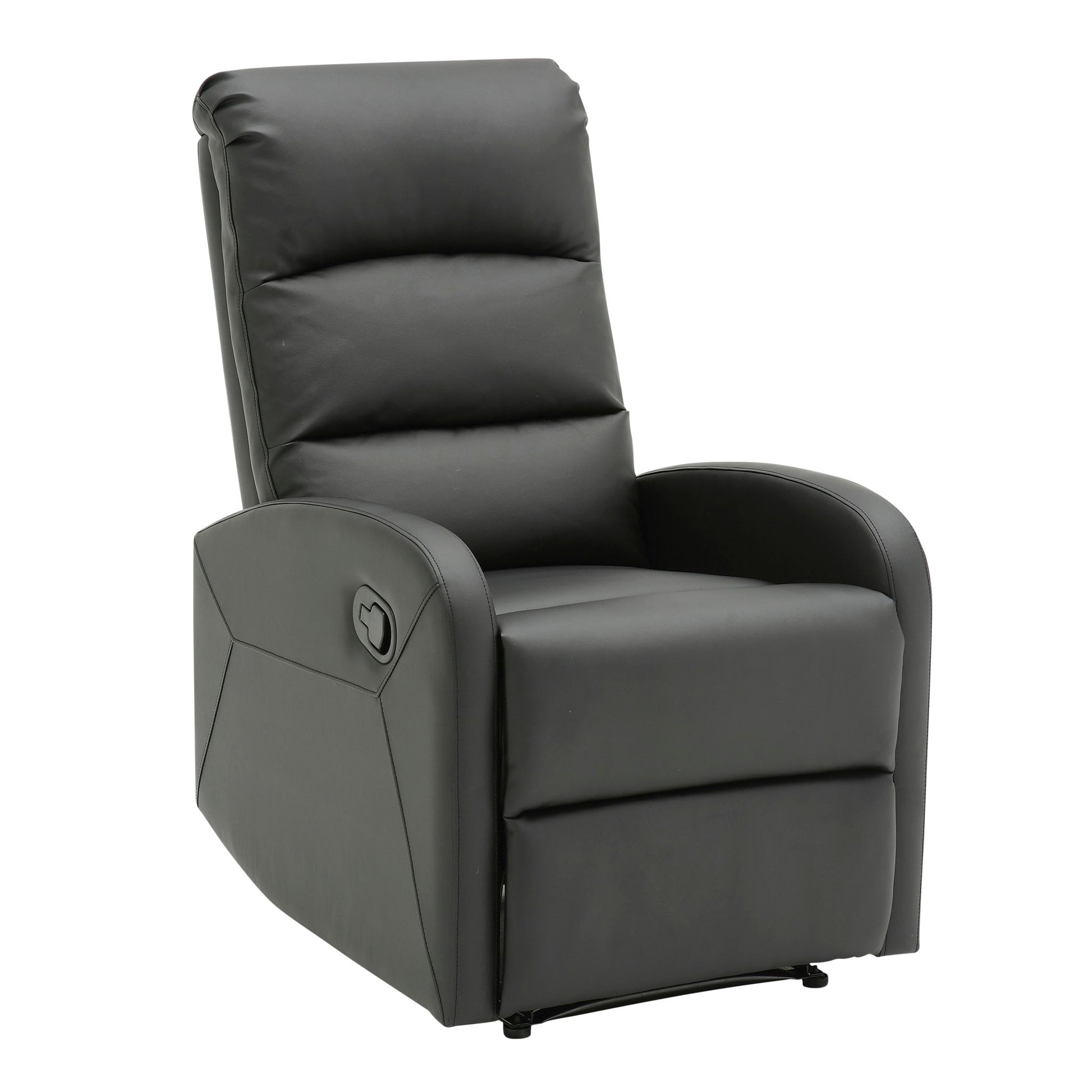 The Dormi - Contemporary Recliner Chair features black leather upholstery, a padded backrest, wide armrests, side reclining lever, modern design, comfortable cushion, and an elevated footrest for added relaxation.