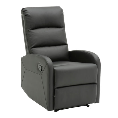 The Dormi - Contemporary Recliner Chair features black leather upholstery, a padded backrest, wide armrests, side reclining lever, modern design, comfortable cushion, and an elevated footrest for added relaxation.