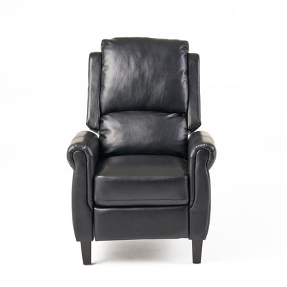 The Contemporary Push Back Recliner Chair features black leather with a cushioned back, seat, and armrests, displayed facing forward against a plain white background.