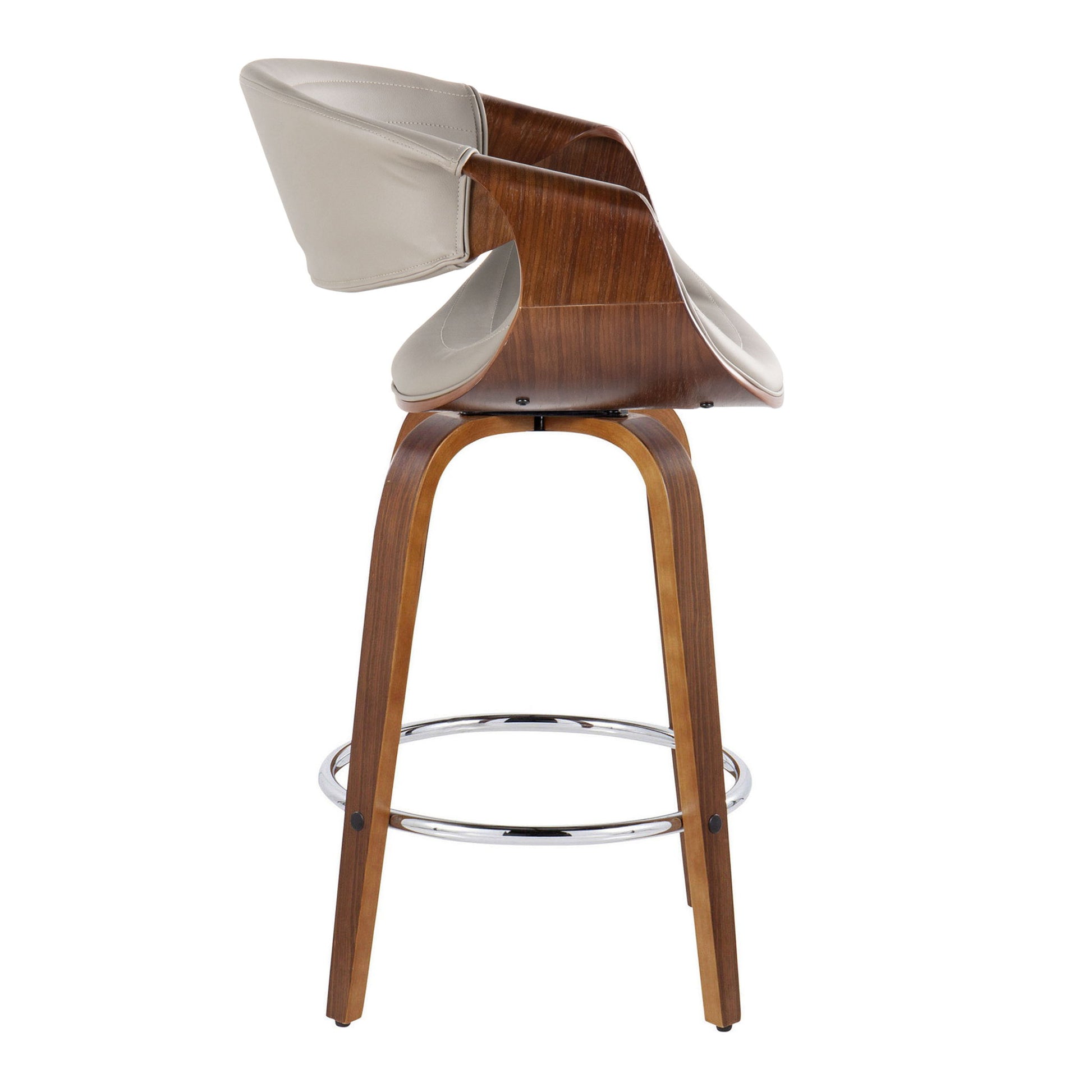 The Symphony Mid Century Modern Fixed Height Counter Stool & Swivel (Set of 2) features a curved wood frame, light beige cushioned seat and backrest, angled wooden legs, and a round metal footrest. Shown from a rear side angle.