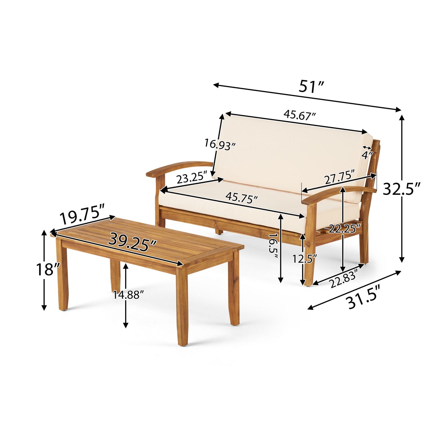 Outdoor Chat Set With Coffee Table And Loveseat features beige cushions. Loveseat: 51"W x 32.5"H x 31.5"D; coffee table: 39.25"W x 18"H x 19.75"D, with detailed dimensions provided for each piece.