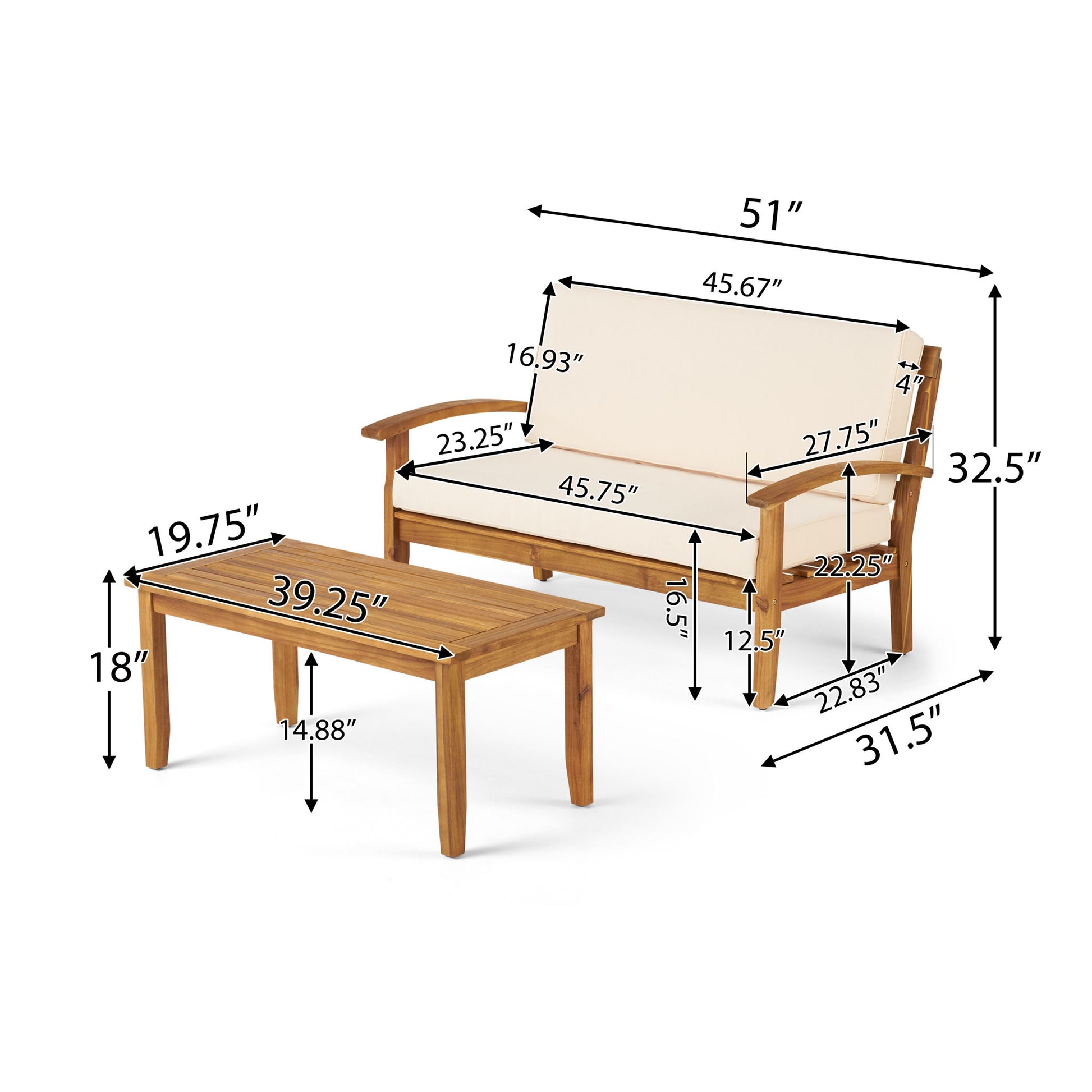 Outdoor Chat Set With Coffee Table And Loveseat features beige cushions. Loveseat: 51"W x 32.5"H x 31.5"D; coffee table: 39.25"W x 18"H x 19.75"D, with detailed dimensions provided for each piece.