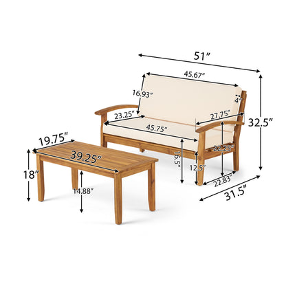 Outdoor Chat Set With Coffee Table And Loveseat features beige cushions. Loveseat: 51"W x 32.5"H x 31.5"D; coffee table: 39.25"W x 18"H x 19.75"D, with detailed dimensions provided for each piece.