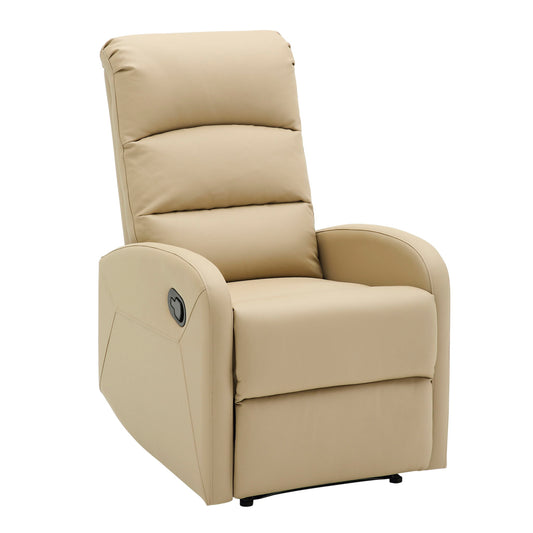 The Dormi - Contemporary Recliner Chair features a beige leather finish, cushioned seat and backrest, curved armrests, and a side lever for easy reclining adjustment.