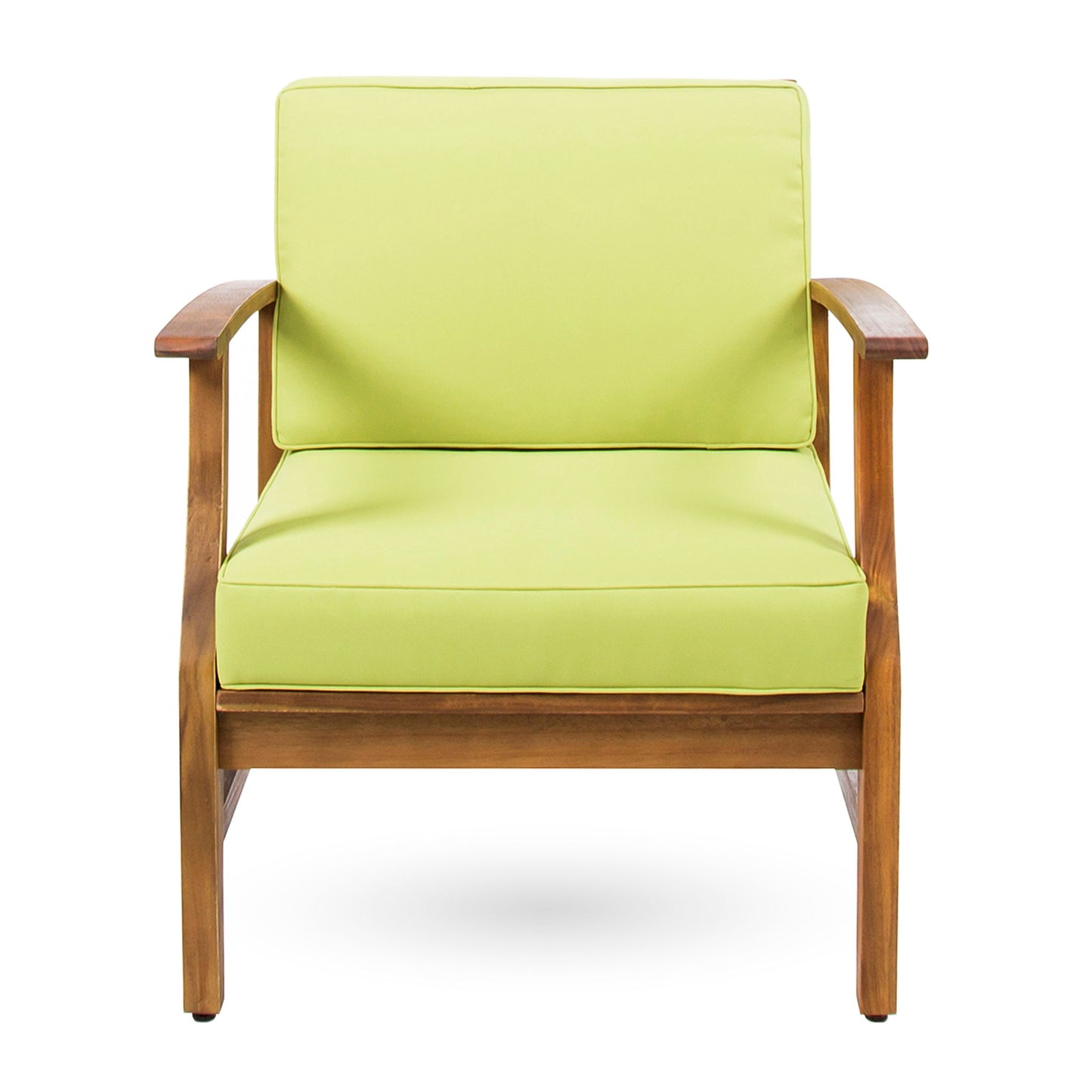 The Perla Contemporary Club Chair features a wooden frame and water-resistant light green cushions on the seat and backrest, shown front-facing against a white background.
