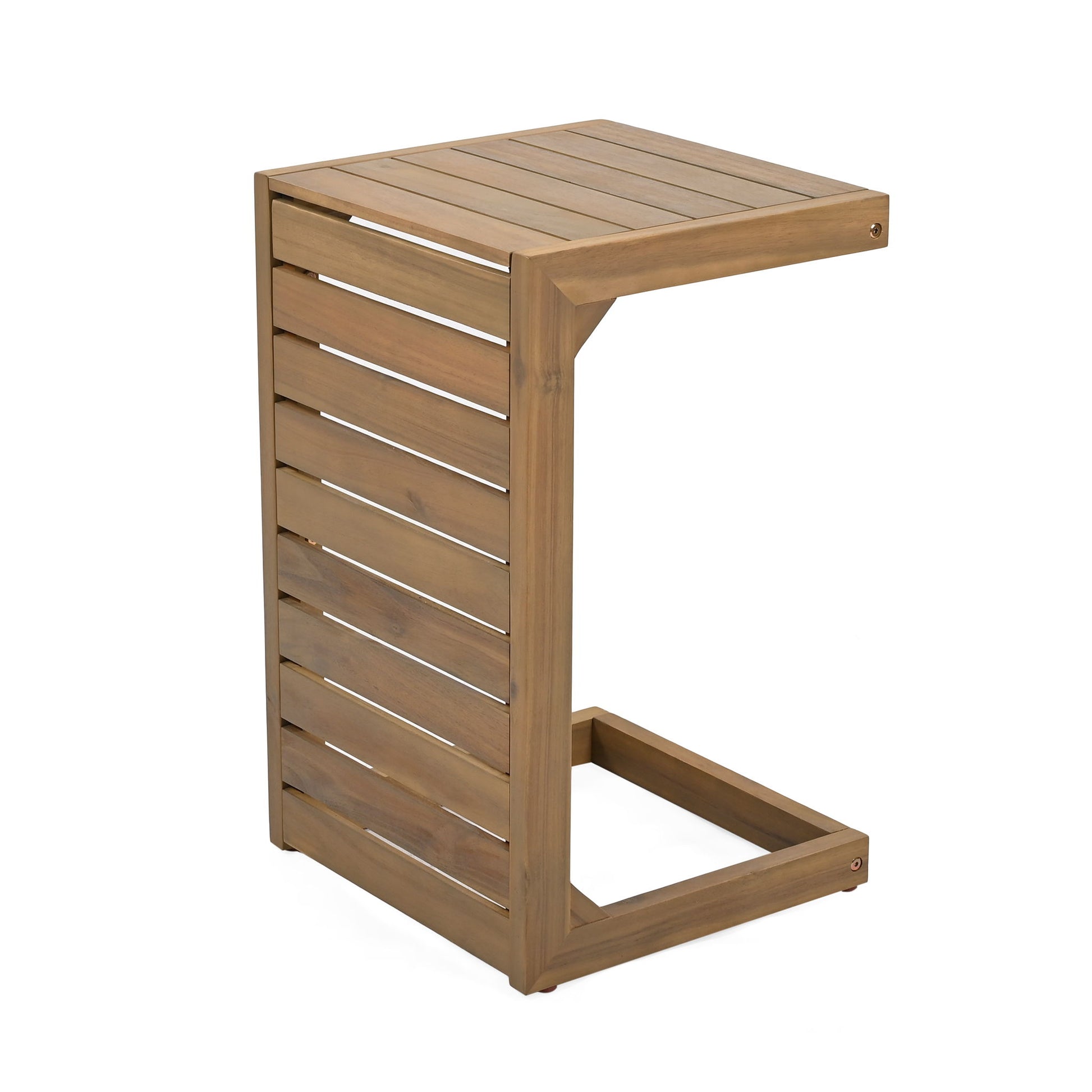 A compact, rectangular aluminum outdoor C-shaped side table with a slatted design and open frame, perfect for sliding over a chair or sofa on your patio.
