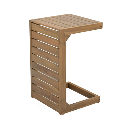 A compact, rectangular aluminum outdoor C-shaped side table with a slatted design and open frame, perfect for sliding over a chair or sofa on your patio.