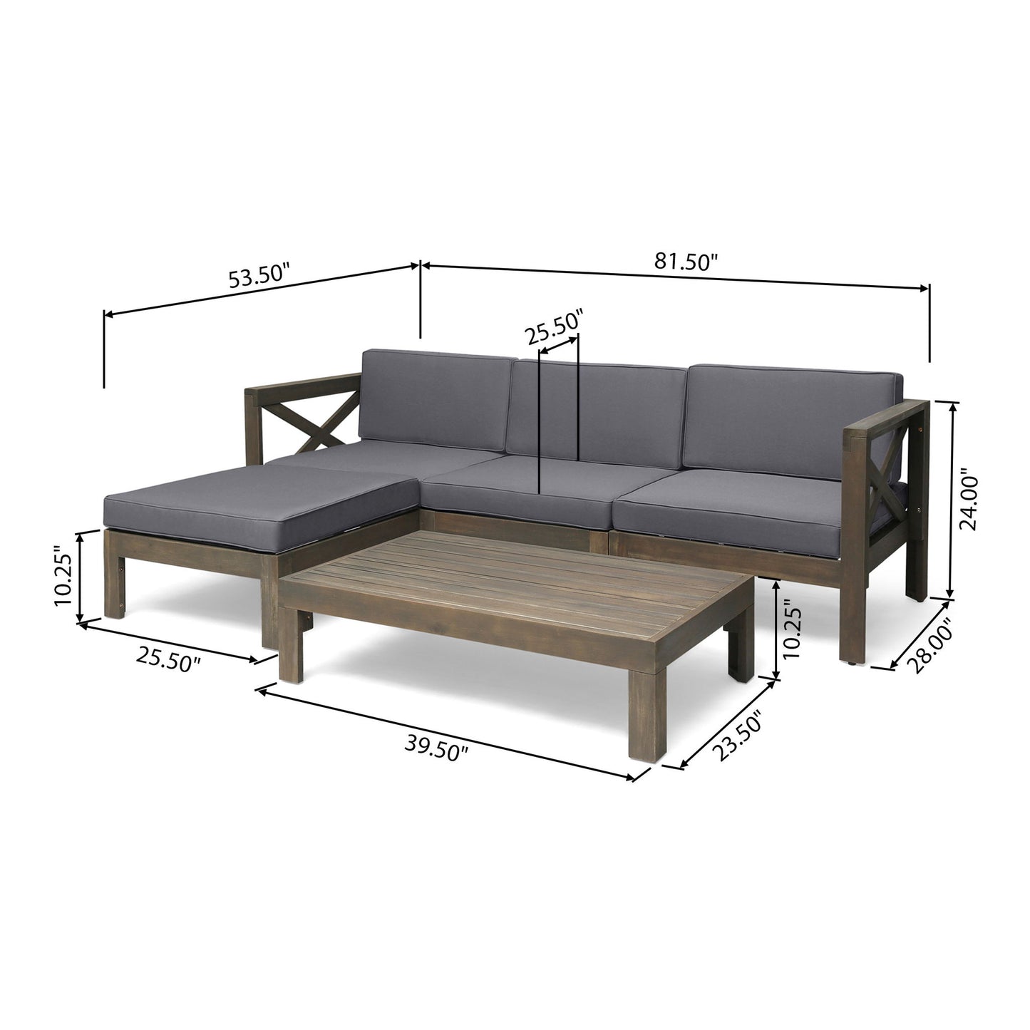The Alcove L Shape Sofa Set features a wooden outdoor sectional with gray cushions and a matching coffee table. Sofa: 81.5" x 53.5", coffee table: 39.5" x 23.5", seat height: 10.25", seat depth: 25.5", sofa height: 24".