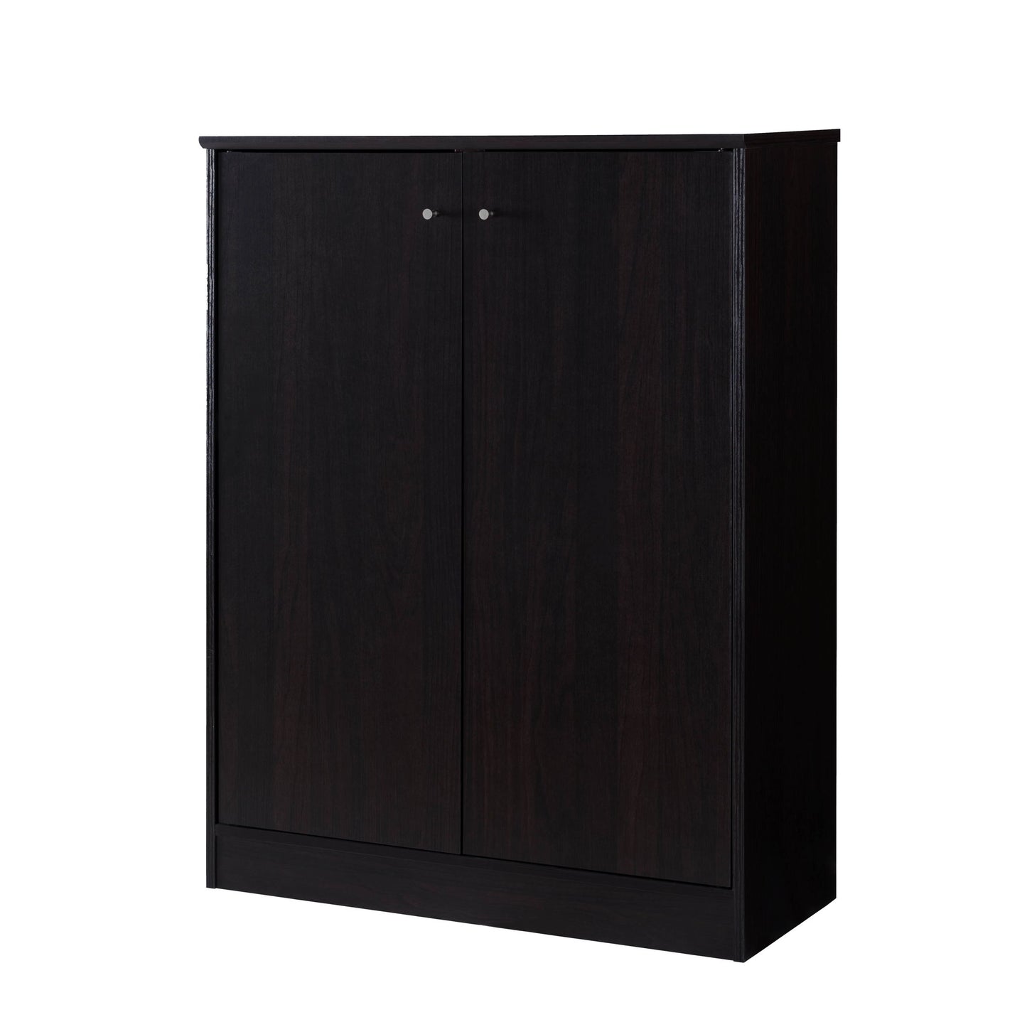 A Shoe / Storage Cabinet With Two Doors Five Shelves, tall and dark brown with round metal handles, stands against a white background.
