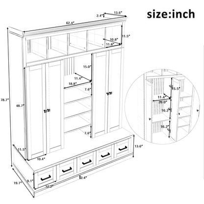 Hall Tree With Bench And 5 Storage Cubbies, Modern Entryway Storage Organizer Cabinet With 4 Doors, 5 Drawers And Adjustable Shelves For Hallway, Entryway, Living Room - White