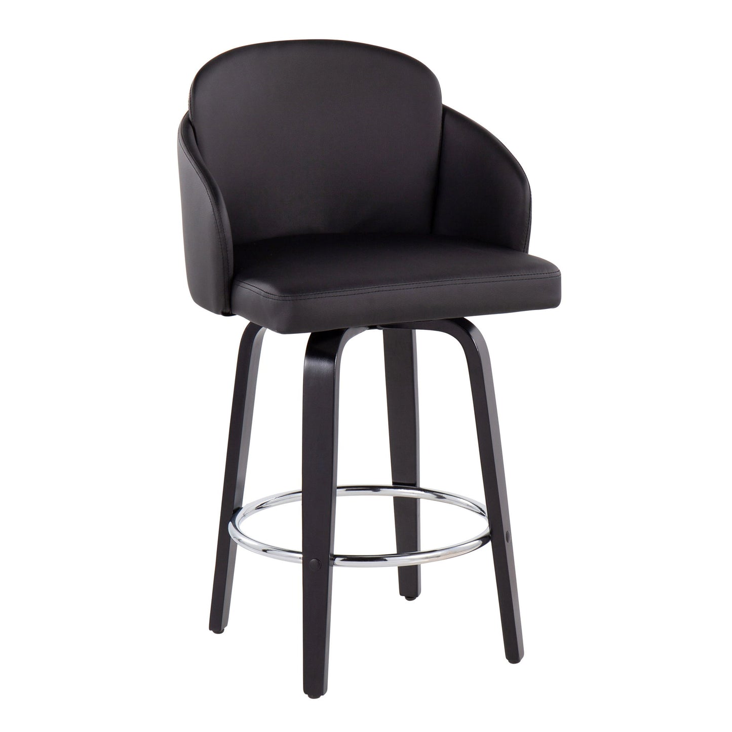 The Dahlia Contemporary Counter Stool (Set of 2) features a modern black design with cushioned seat and backrest, curved armrests, dark wooden legs, and a round chrome footrest.