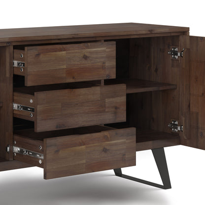 A close-up of the Lowry - Handcrafted Sideboard Buffet with both doors open, revealing three drawers and a shelf inside. It features a dark wood finish and angled black metal legs.