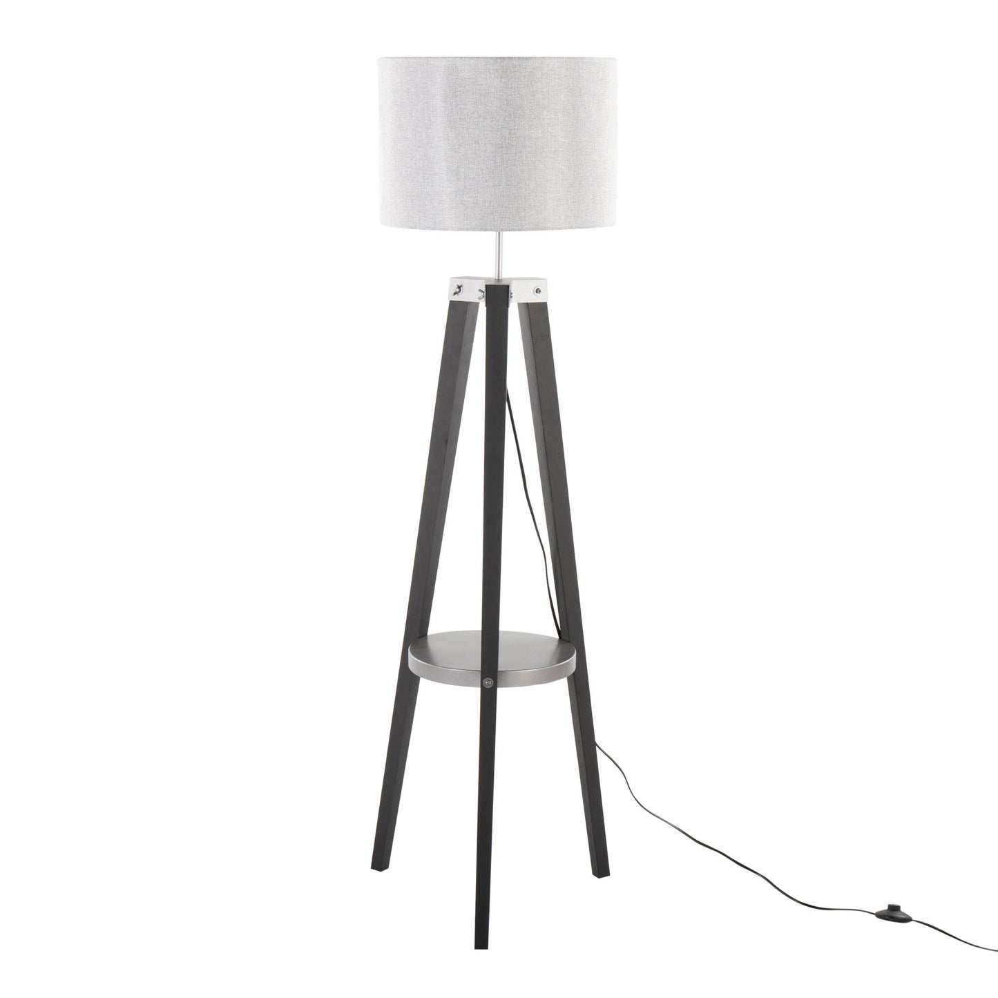 The Compass - Mid Century Modern Floor Lamp With Shelf features a white drum shade, black tripod legs, a round base shelf, and a black power cord that extends to the floor.