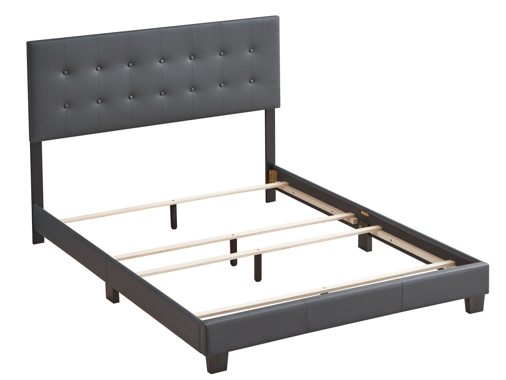 The Caldwell Bed features a tall, tufted, dark gray upholstered headboard and sturdy wooden slats. Shown without a mattress for a modern look.