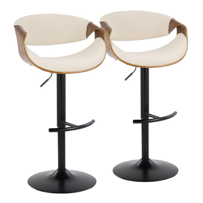 Set of 2 Curvo mid-century modern adjustable barstools with cream curved seats, wood-accented backrests, black swivel bases, and rounded T footrests, shown side by side on a white background.