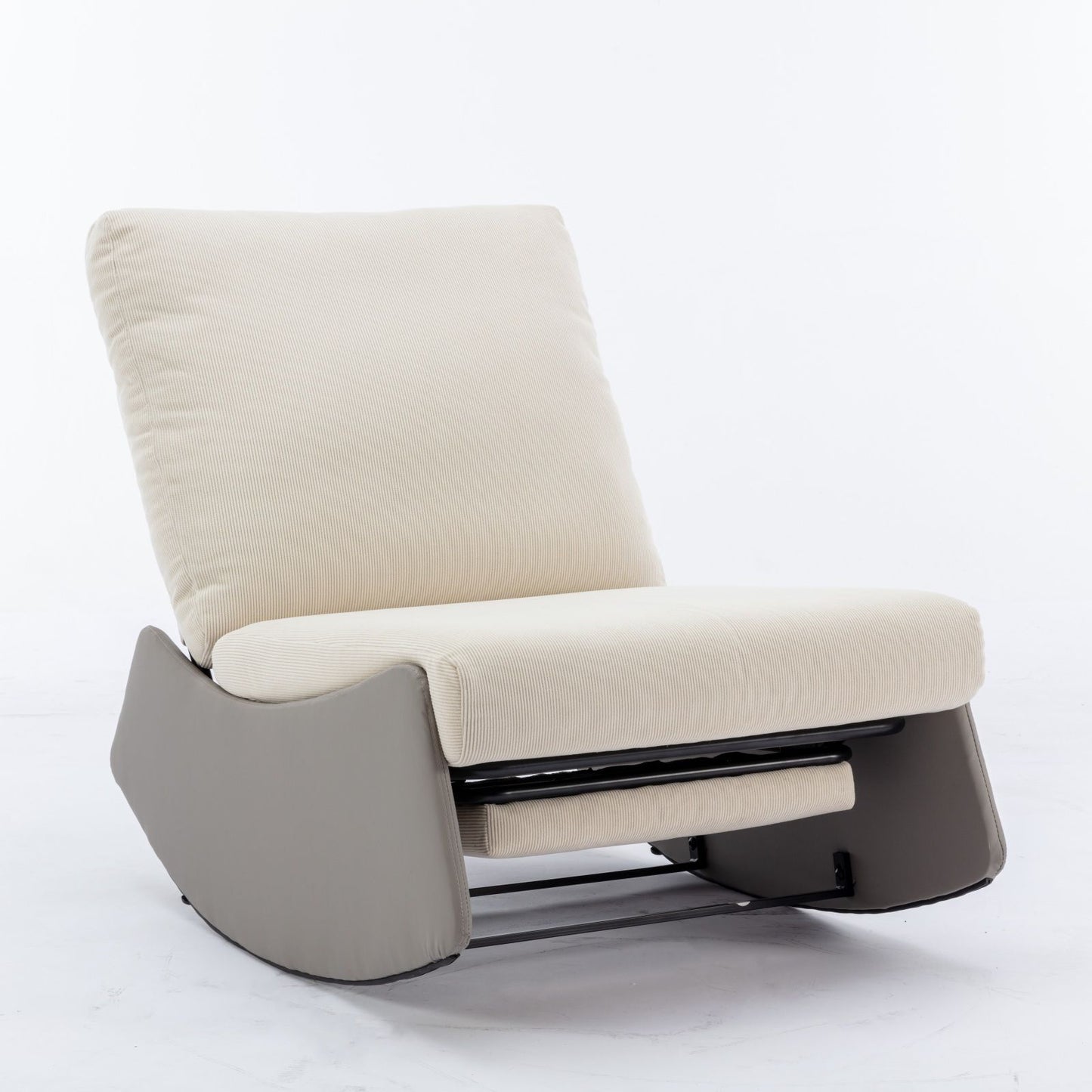 The Modern Rocking Chair Recliner features a thick, light beige cushioned seat and backrest on a curved gray base. This comfy upholstered rocker with footrest is perfect for relaxing in any indoor living room or bedroom. Photographed on white background.