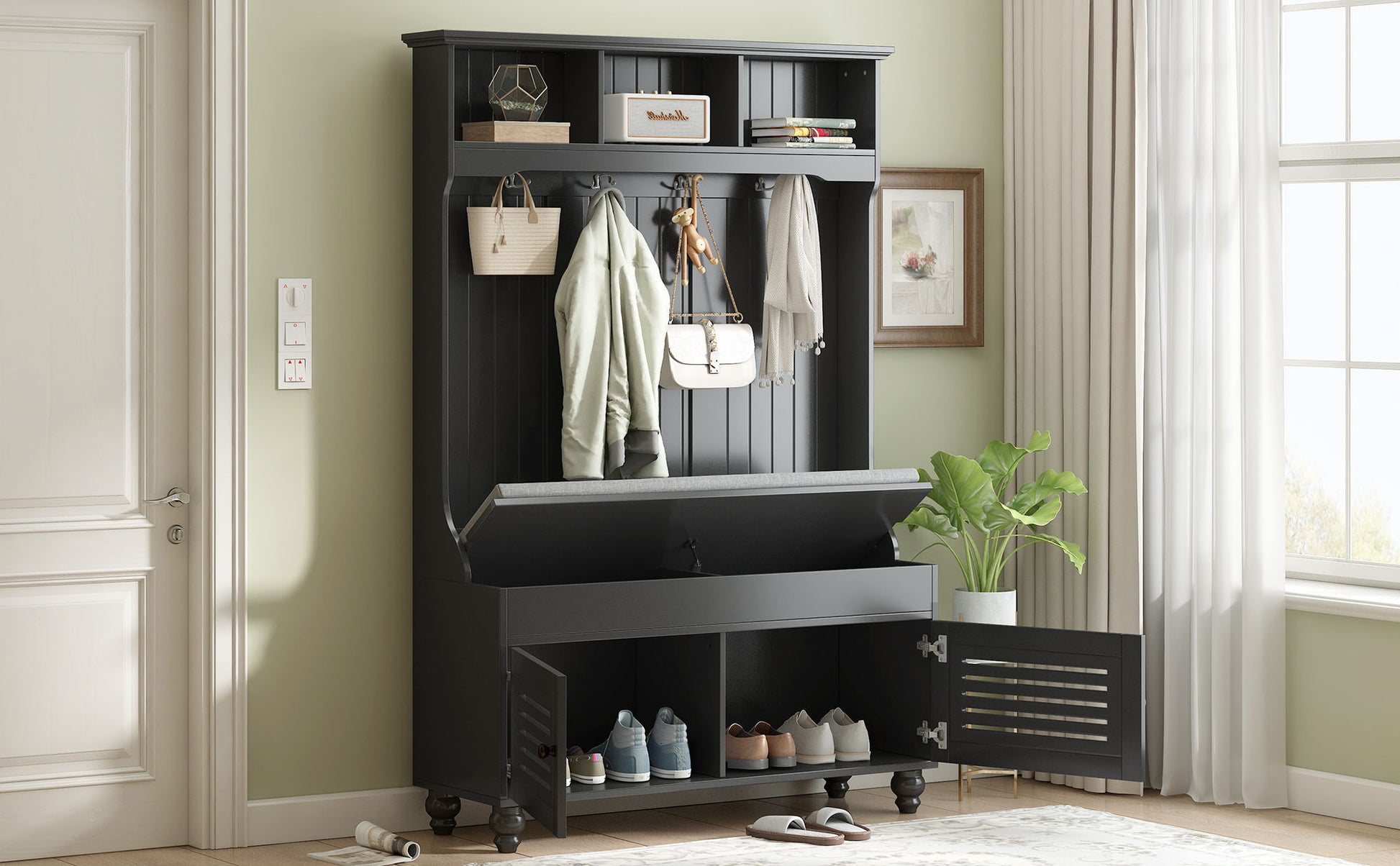 The 5 In 1 Entryway Bench features shutter-shaped doors, a cushioned seat, 4 sturdy hooks for coats and bags, ample storage, and a wide hall tree design—perfect for entryways or living rooms. Decorate with plants and art beside white-curtained windows.